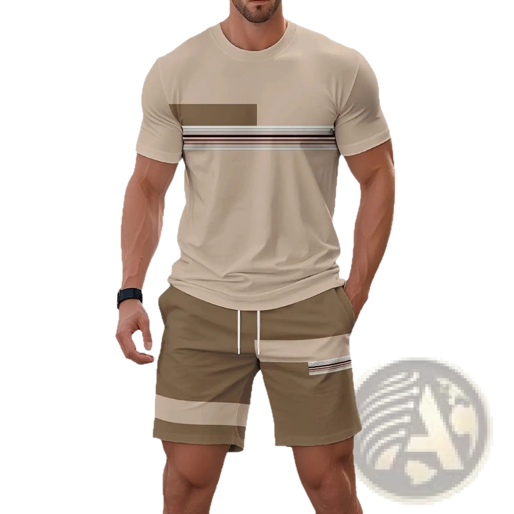 Beige and olive green men striped athletic short set with horizontal striped accents for active wear