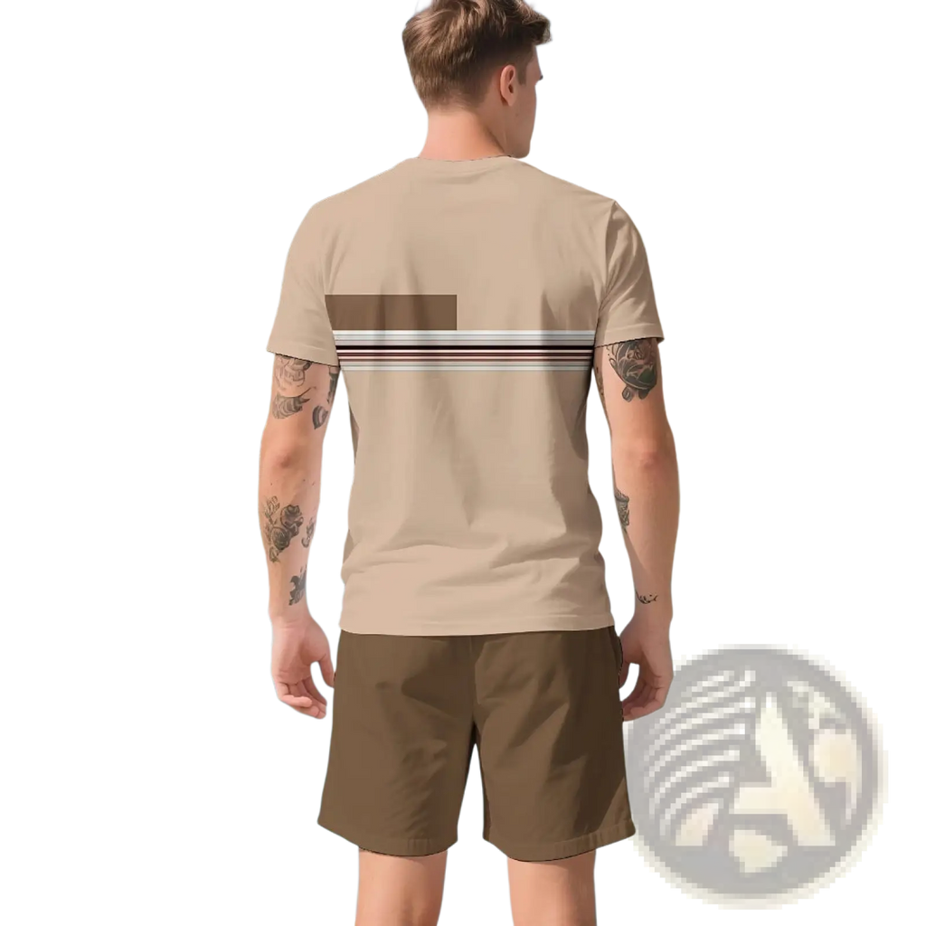 Beige short-sleeved t-shirt with horizontal striped band on the back from men striped athletic short set
