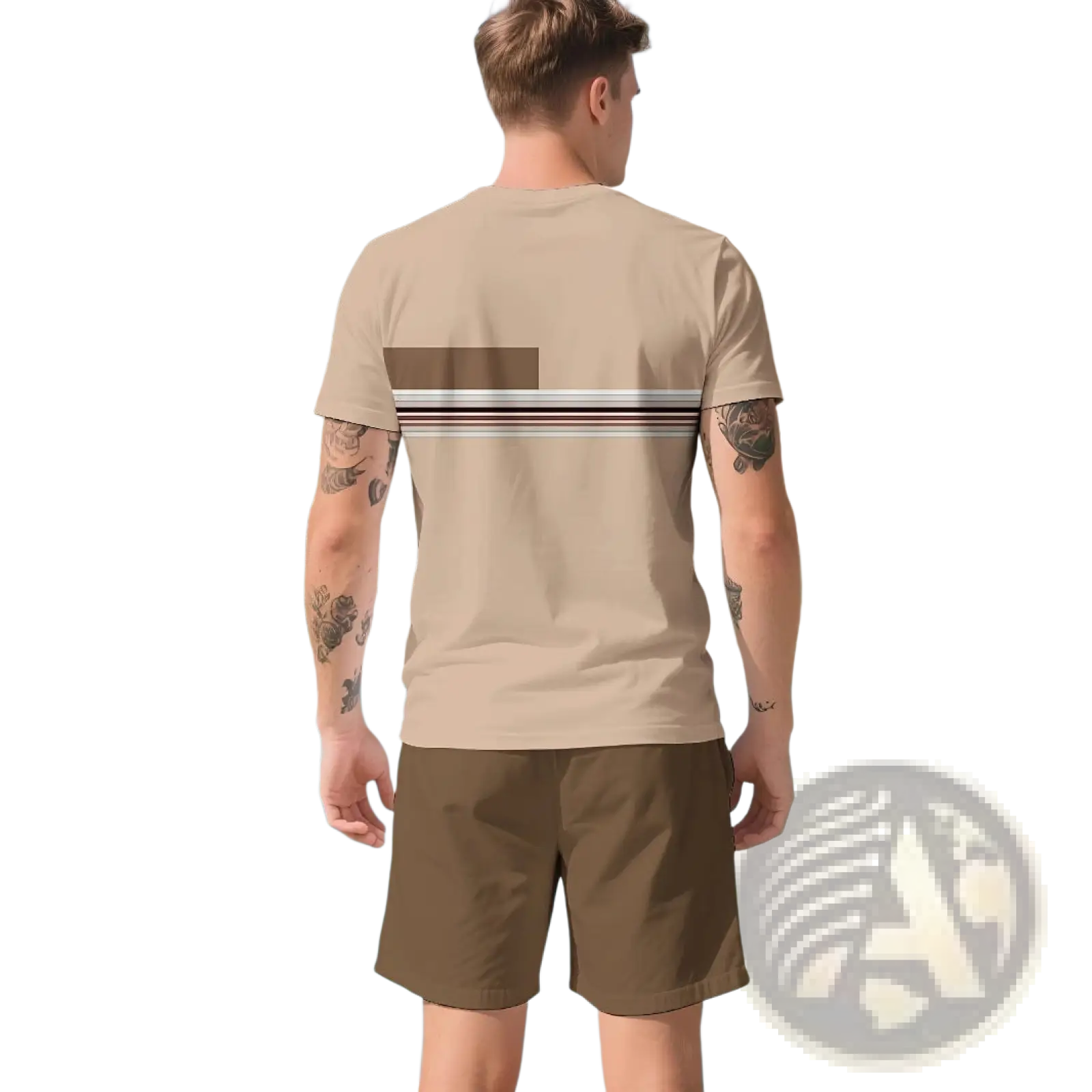 Beige short-sleeved t-shirt with horizontal striped band on the back from men striped athletic short set