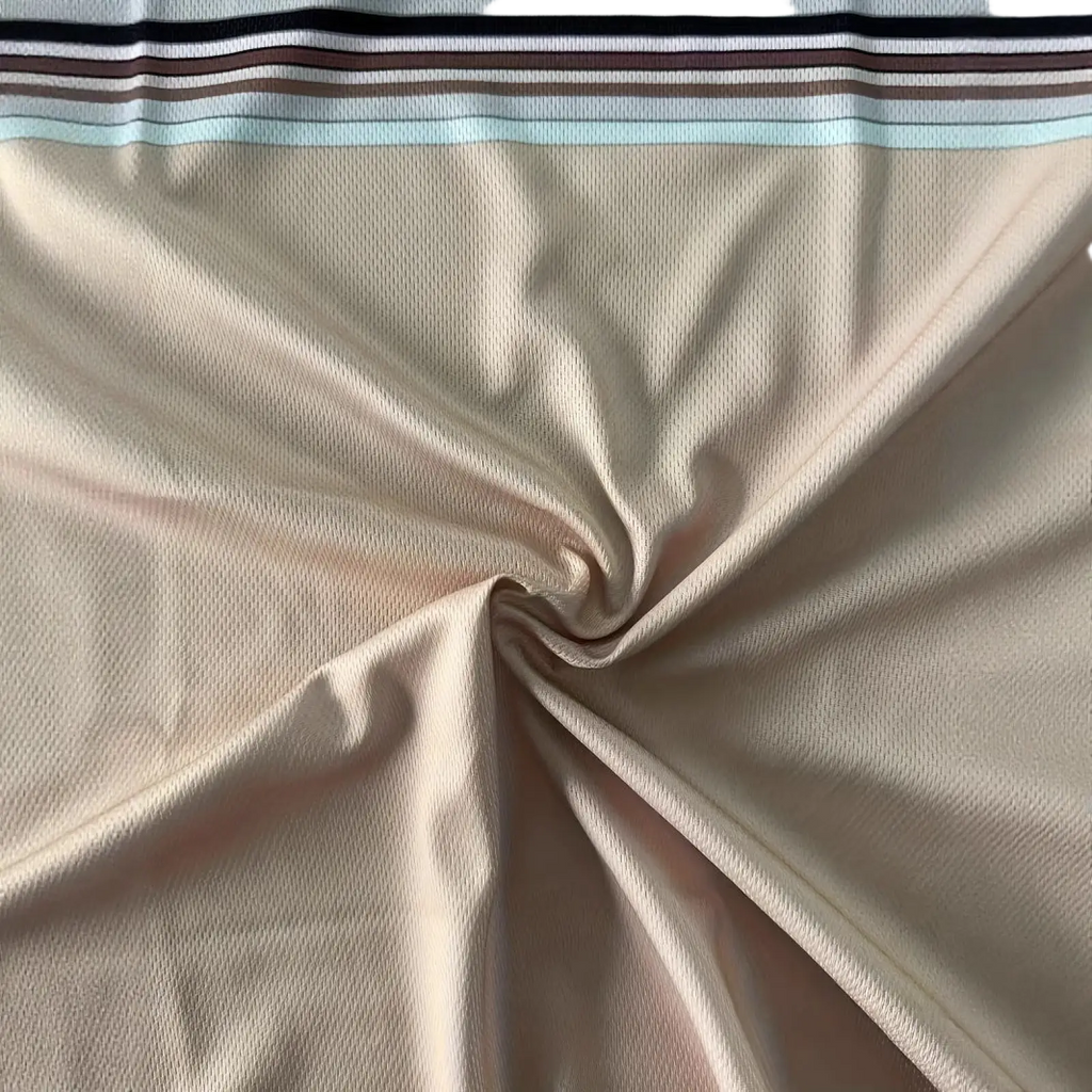 Men striped athletic short set featuring beige textured fabric with a navy brown and light blue striped border