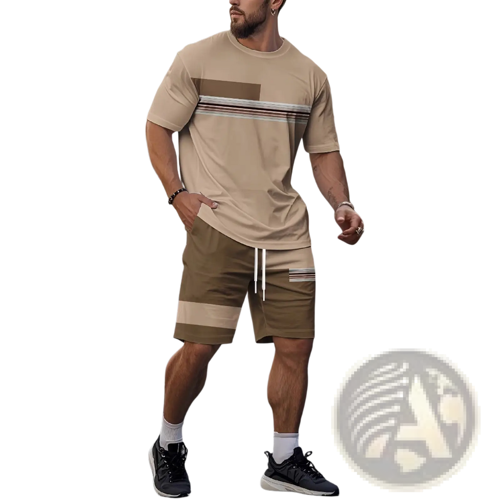 Men striped athletic short set in beige and olive with horizontal striped accents on tee shirt and shorts
