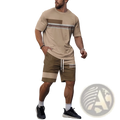 Men striped athletic short set in beige and olive with horizontal striped accents on tee shirt and shorts