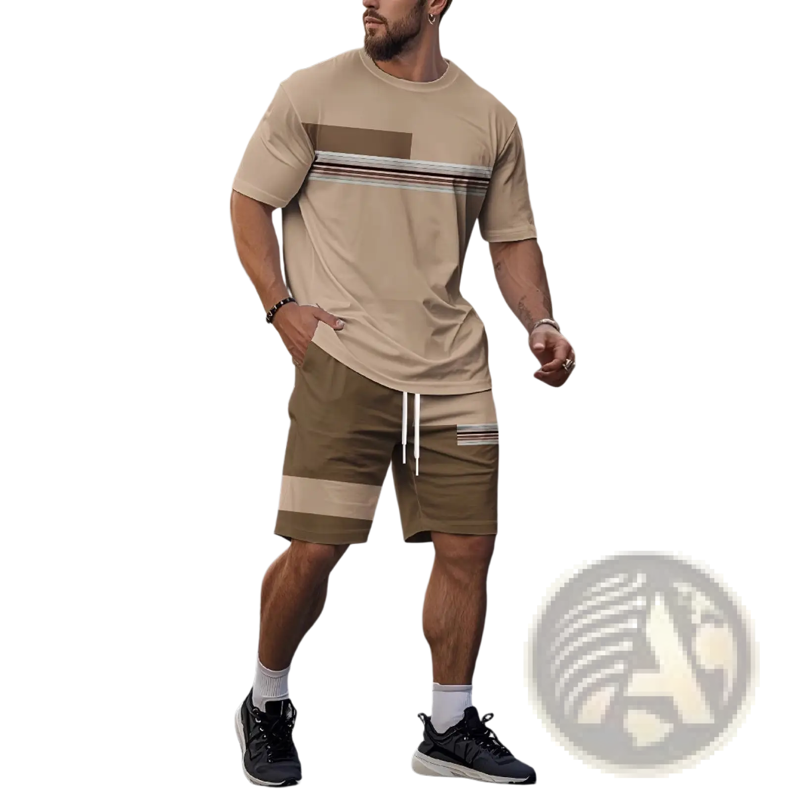 Men striped athletic short set in beige and olive with horizontal striped accents on tee shirt and shorts