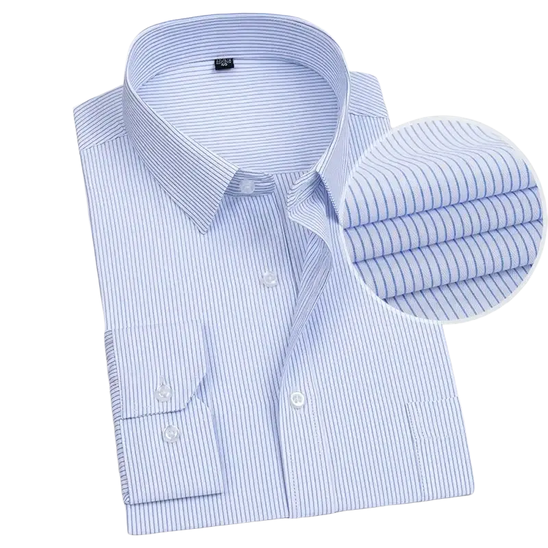 Men striped business dress shirt long sleeve in light blue with fine white pinstripes classic collar and buttoned cuffs