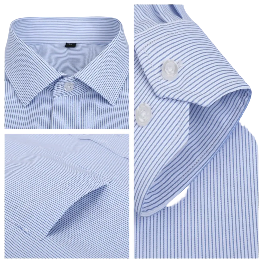 Men striped business dress shirt long sleeve in light blue and white vertical stripes with classic collar and clear buttons