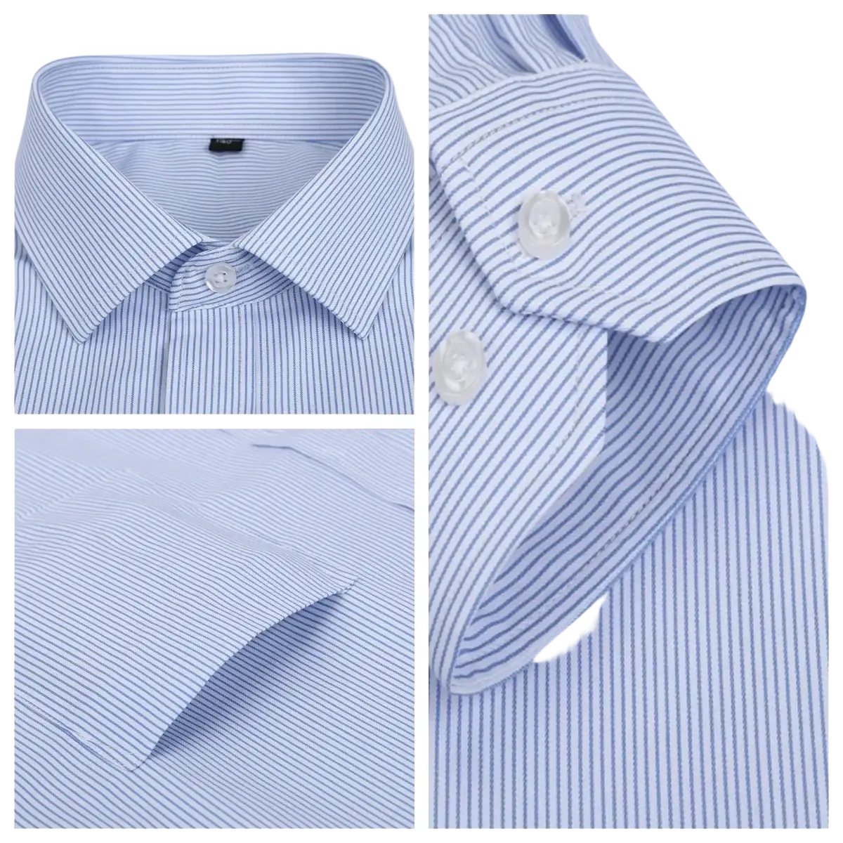 Men striped business dress shirt long sleeve in light blue and white vertical stripes with classic collar and clear buttons