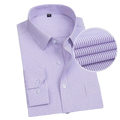 Men striped business dress shirt long sleeve in light purple and white vertical stripes with crisp collar and cuffs