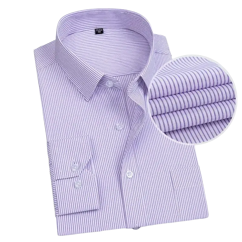 Men striped business dress shirt long sleeve in light purple and white vertical stripes with crisp collar and cuffs