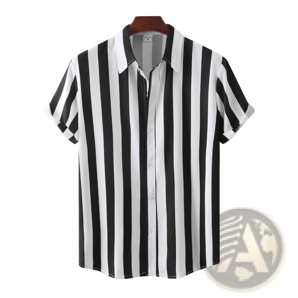Men striped button up shirt short sleeve black and white vertically striped cotton fabric hanging on wooden hanger