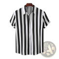 Men striped button up shirt short sleeve black and white vertically striped cotton fabric hanging on wooden hanger