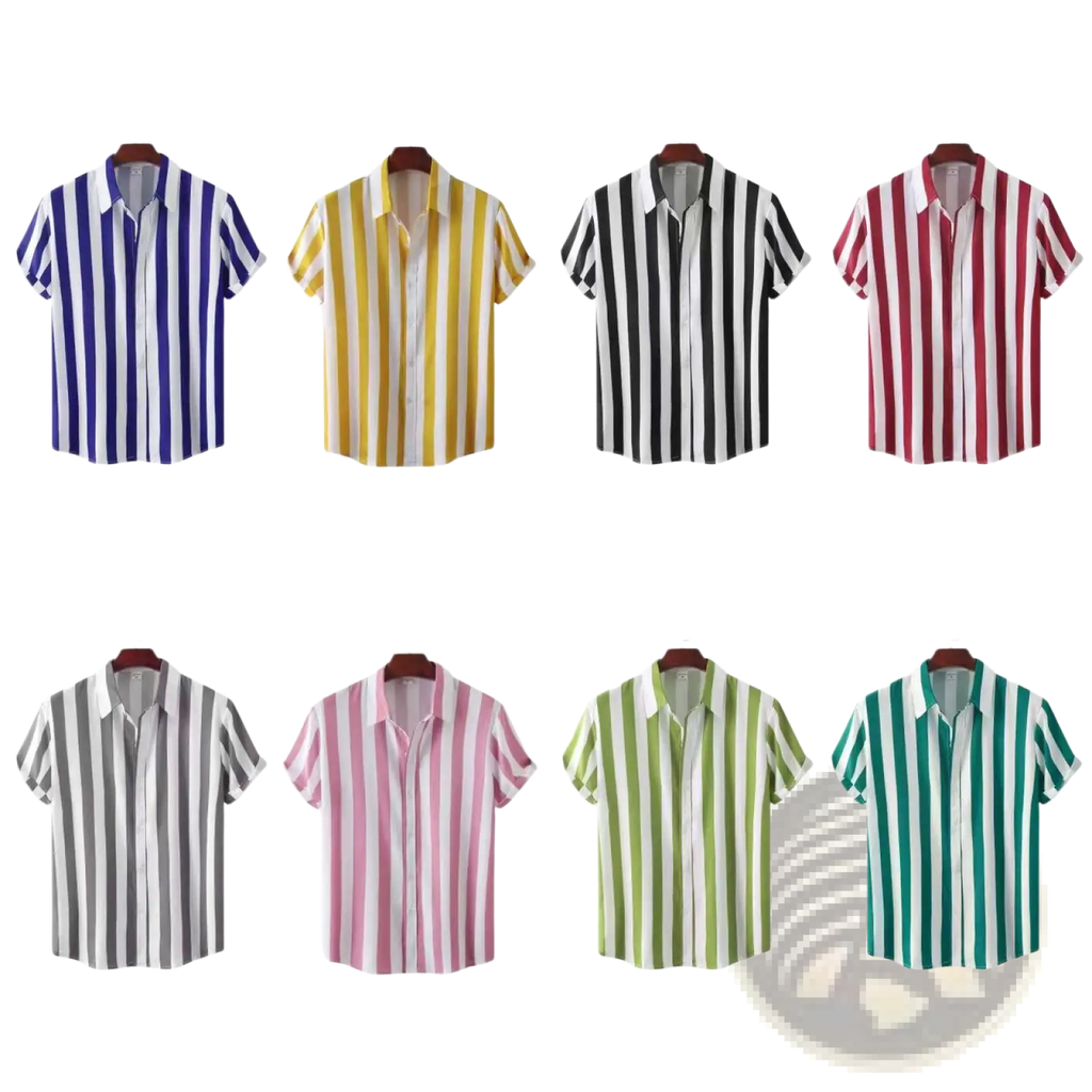 Men striped button up short sleeve shirts in blue white yellow white black white and other color combinations