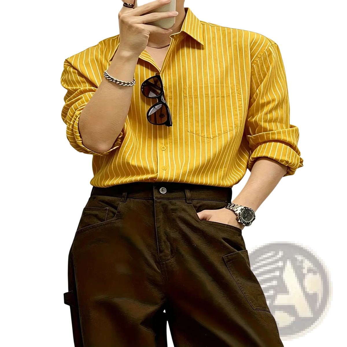 Men striped casual long sleeve shirt in yellow with thin white vertical stripes and rolled sleeves for a relaxed look