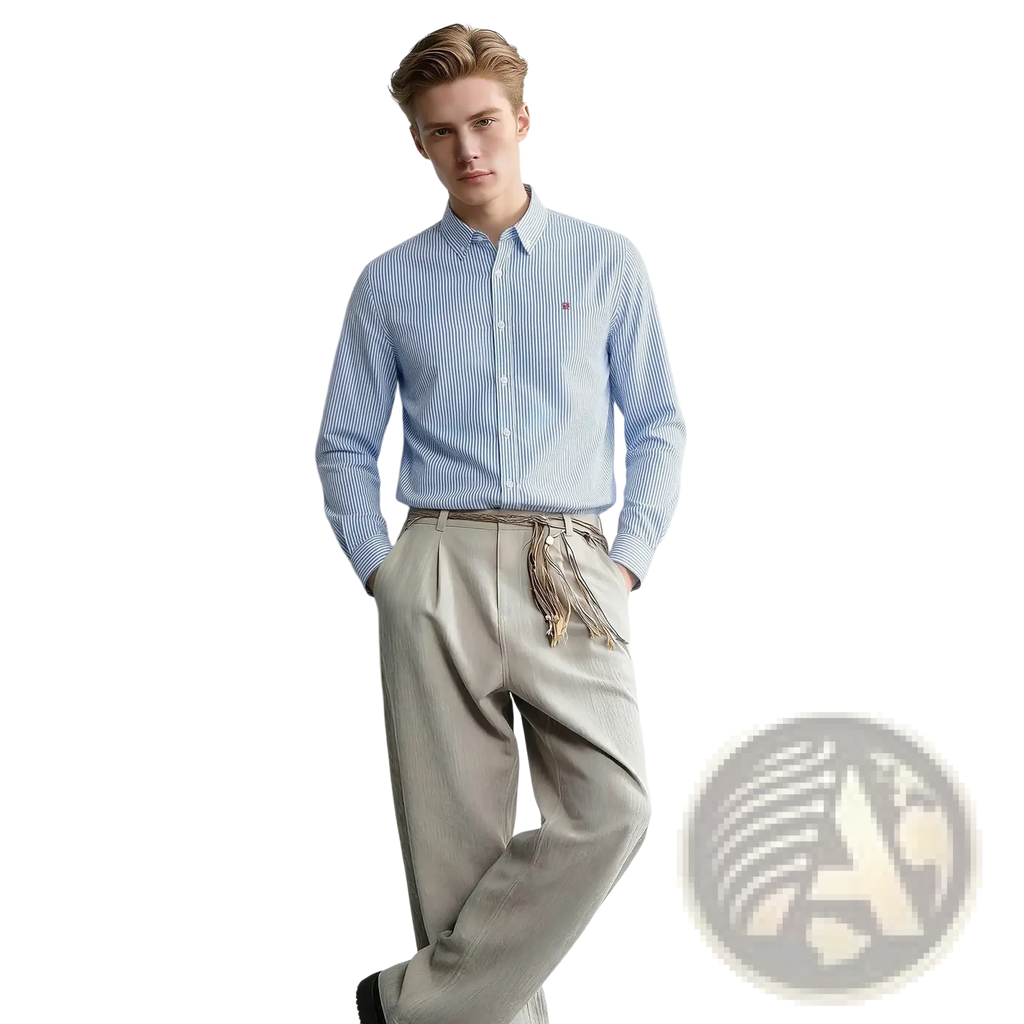 Men striped dress shirt casual long sleeve cotton in light blue and white with a small red logo on the left chest