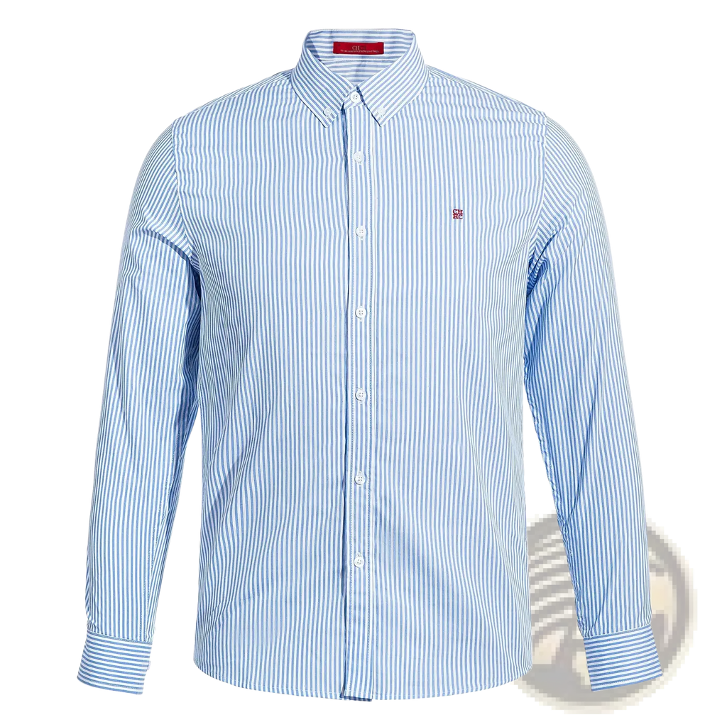Men striped dress shirt casual long sleeve cotton in light blue and white with a small red logo on the left chest