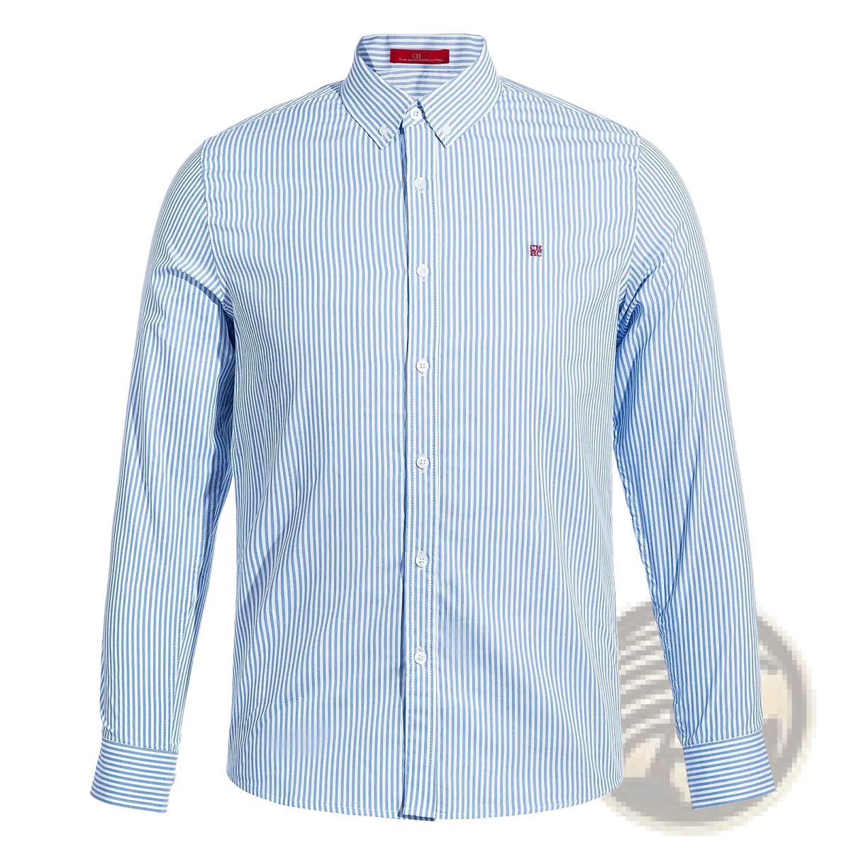 Men striped dress shirt casual long sleeve cotton in light blue and white with a small red logo on the left chest