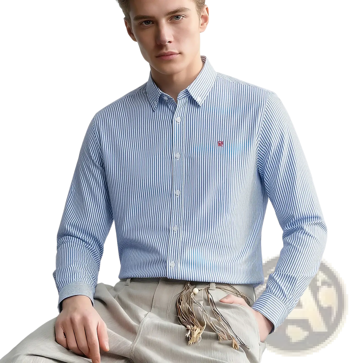A men striped dress shirt casual long sleeve cotton with light blue and white vertical stripes and red embroidered logo