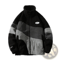 Men striped fleece jacket in black and gray with plush textured surface ideal for winter outerwear