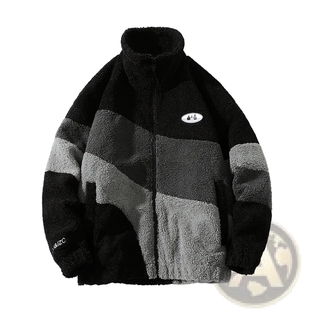 Men striped fleece jacket in black and gray with a plush textured surface designed for winter outerwear