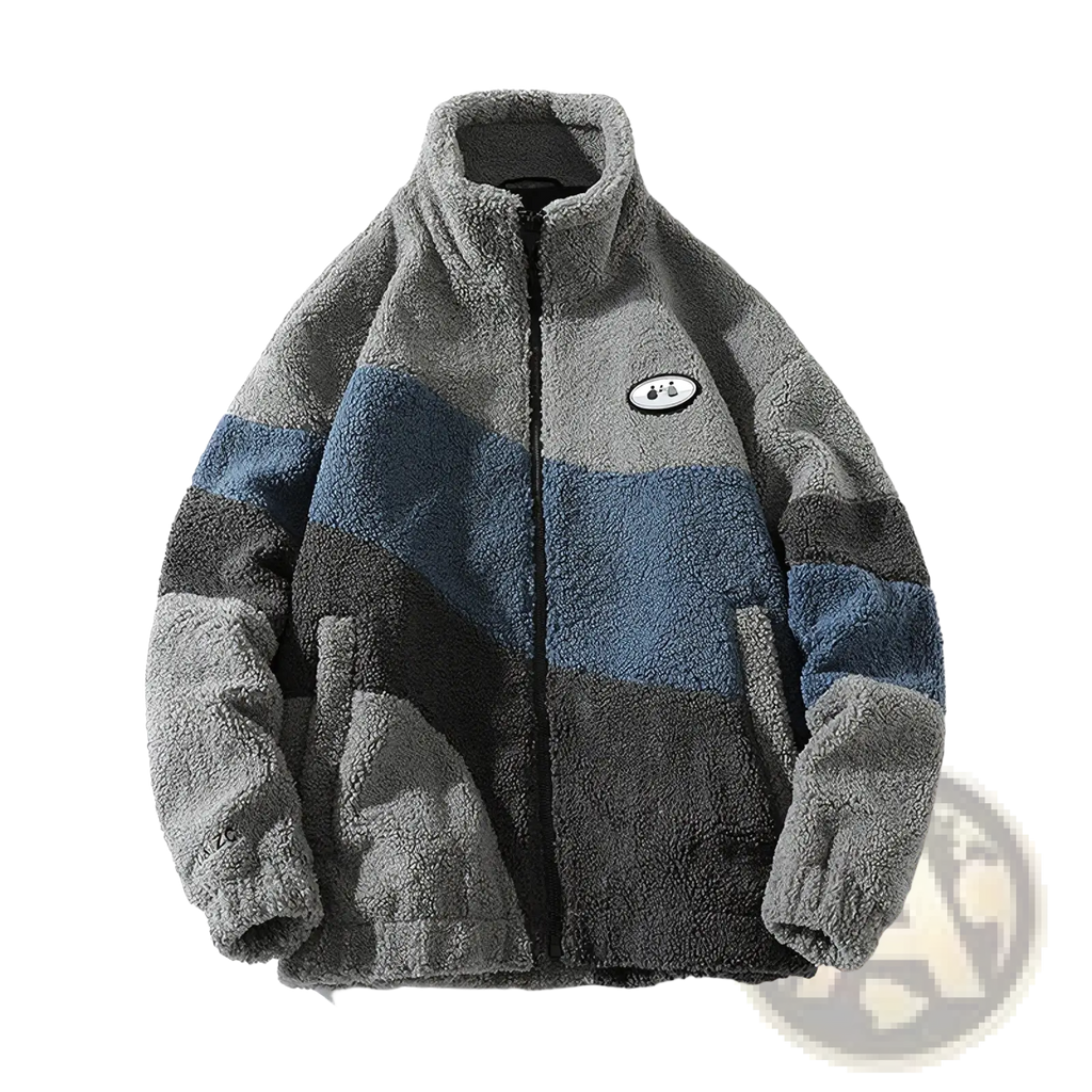 Men striped fleece jacket featuring a plush color-blocked design in gray and blue for winter outerwear