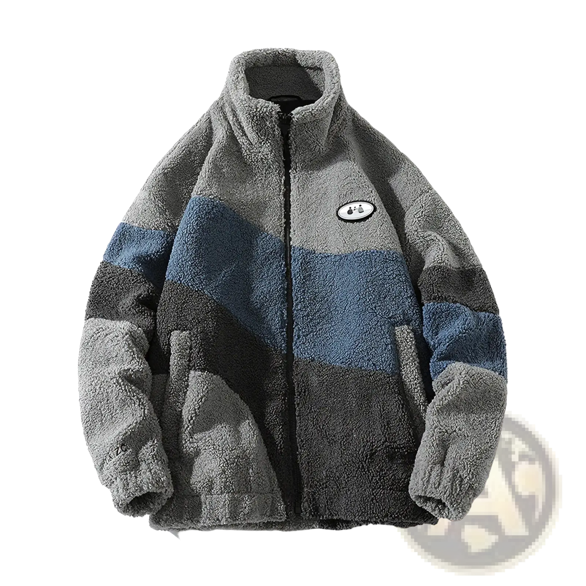 Men striped fleece jacket featuring a plush color-blocked design in gray and blue for winter outerwear