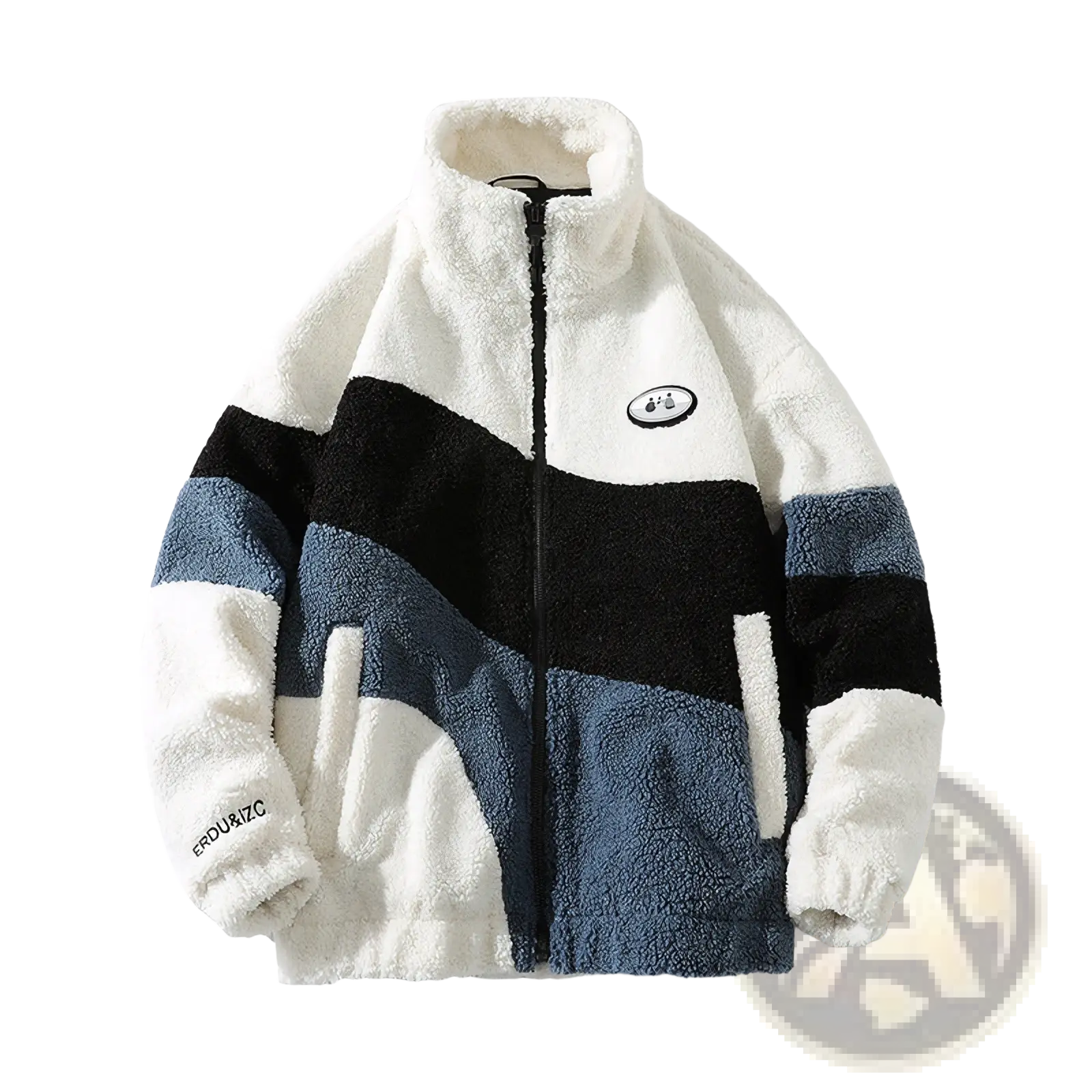 Men striped fleece jacket with plush lining featuring bold white black and navy blue geometric stripes for winter outerwear