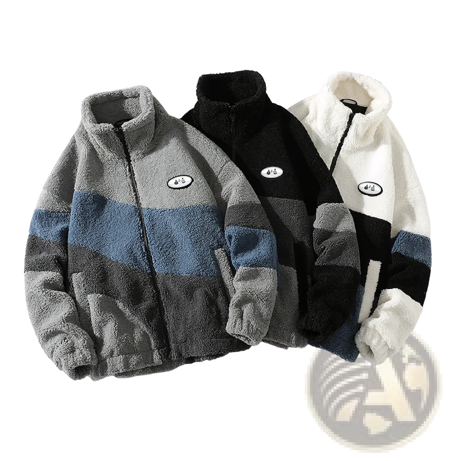 Men striped fleece jackets with plush collars in gray blue gray black gray and white black striped winter outerwear