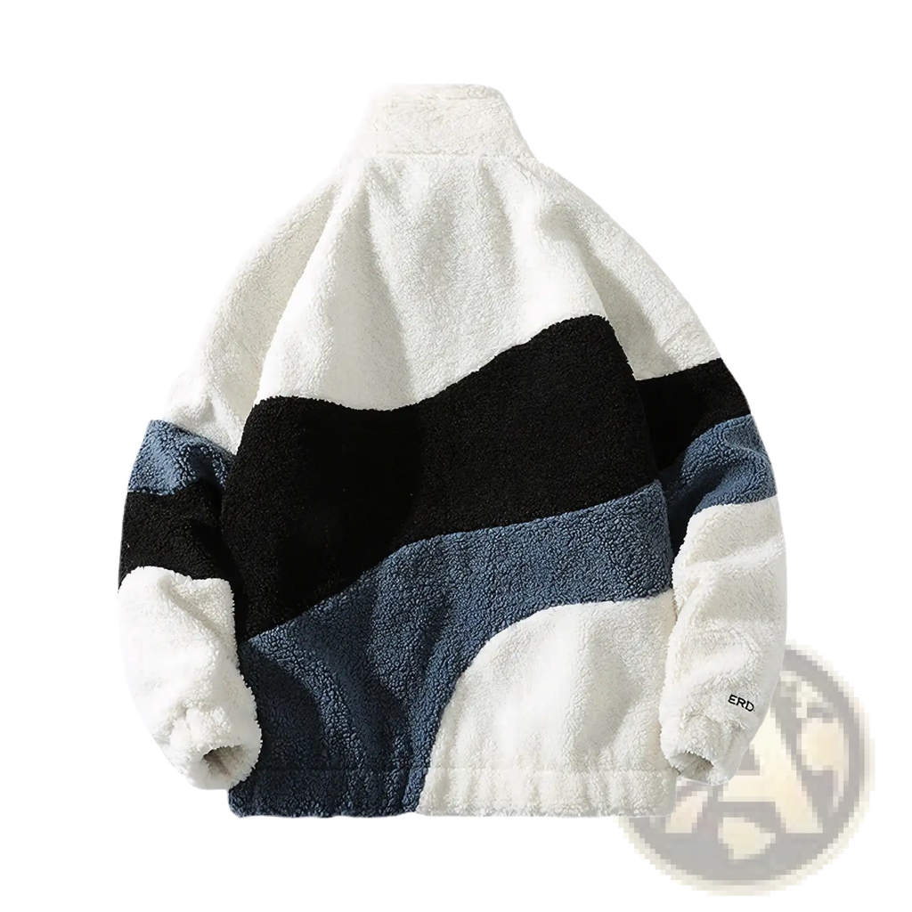 Men striped fleece jacket in white black and navy blue with plush texture ideal for winter outerwear