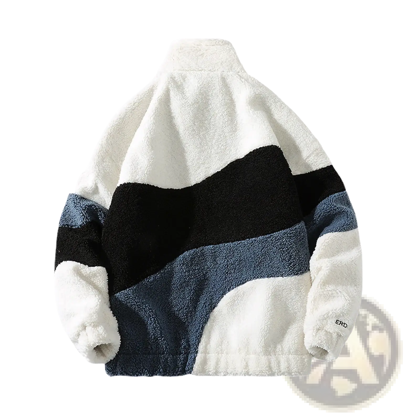 Men striped fleece jacket in white black and navy blue with a plush texture ideal for winter outerwear