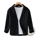Men striped linen casual blazer in black with relaxed fit two front buttons and rolled-up sleeves