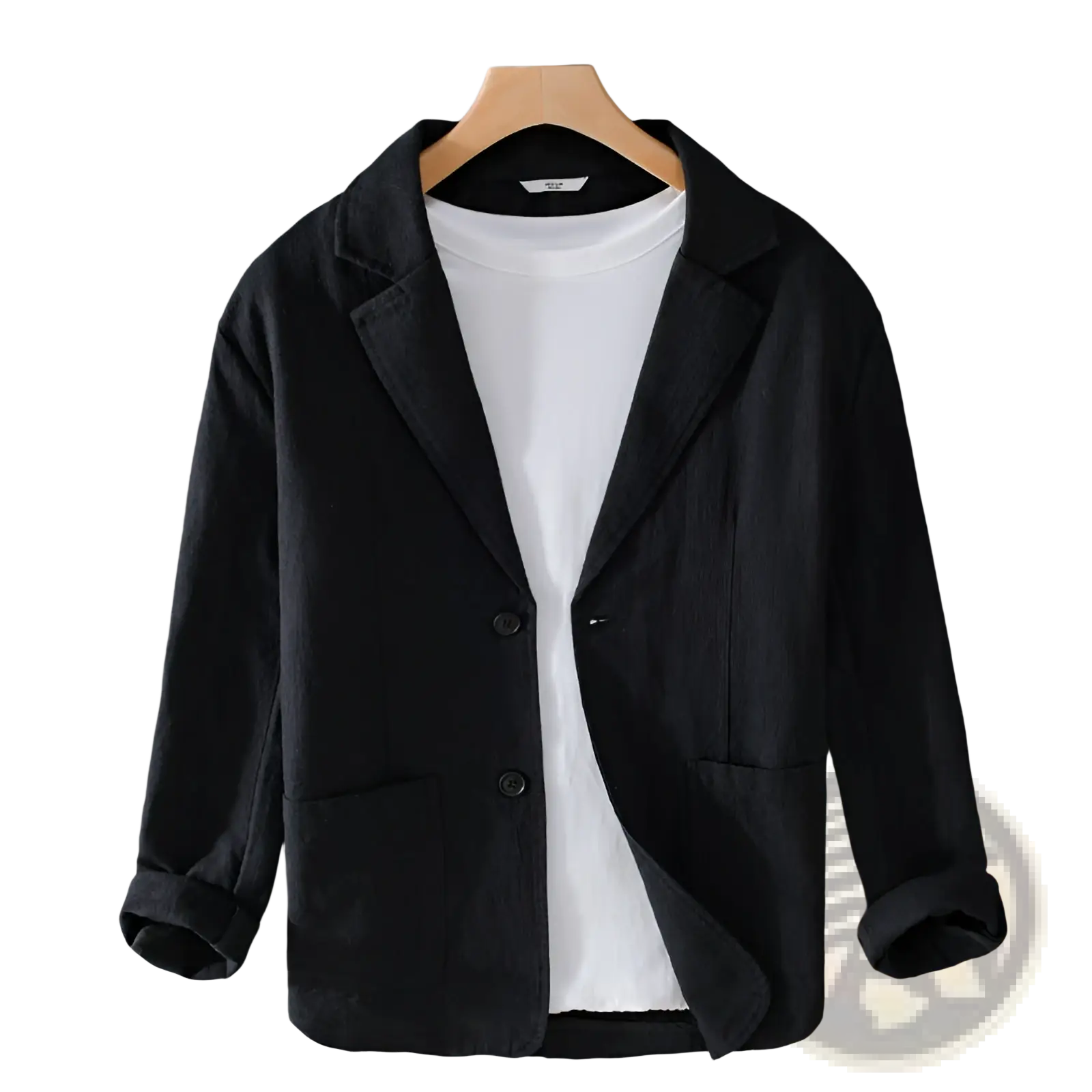 Men striped linen casual blazer in black with relaxed fit two front buttons and rolled-up sleeves