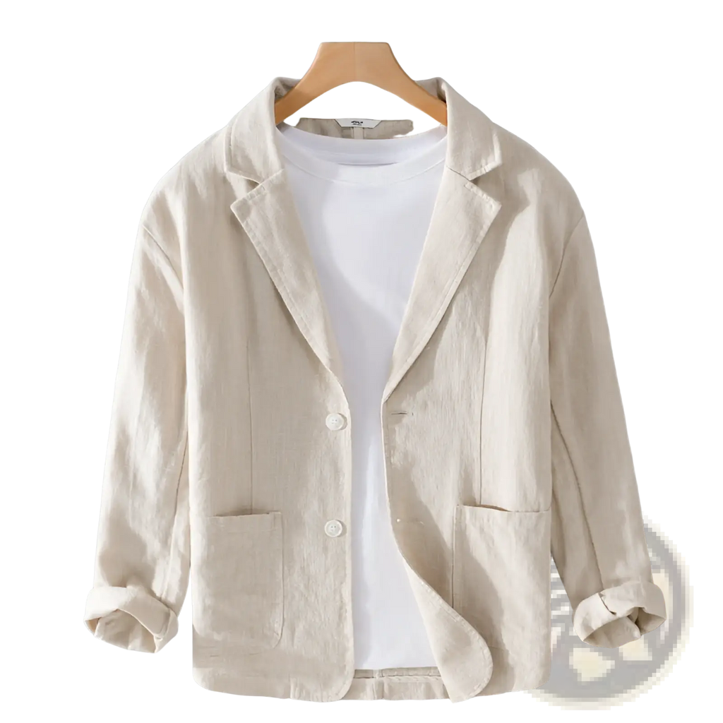 Men striped linen casual blazer in beige with two front pockets and rolled-up sleeves for a stylish look