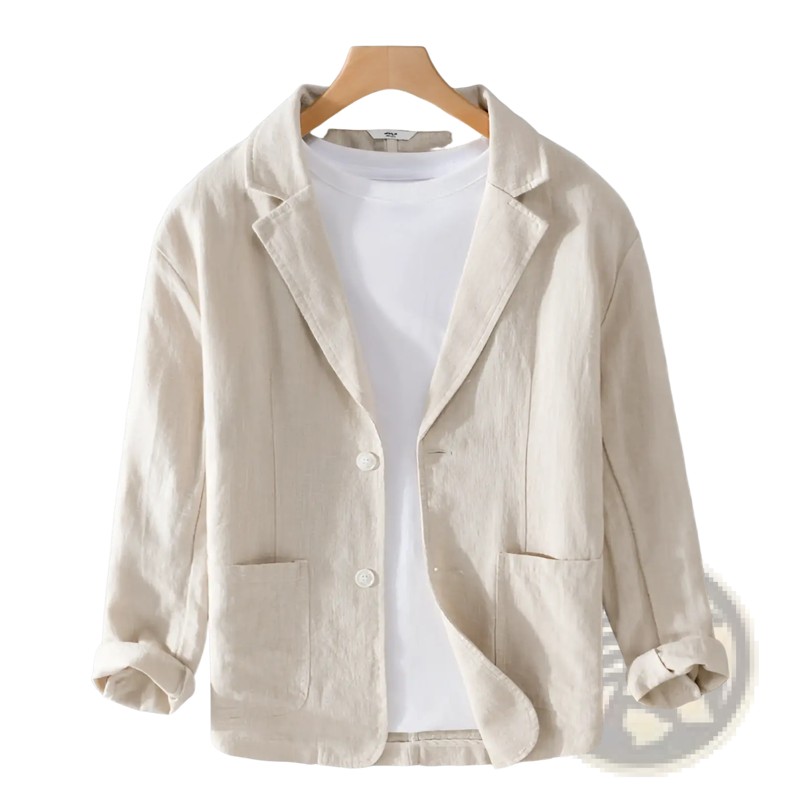Men striped linen casual blazer in beige with two front pockets and rolled-up sleeves for a stylish look
