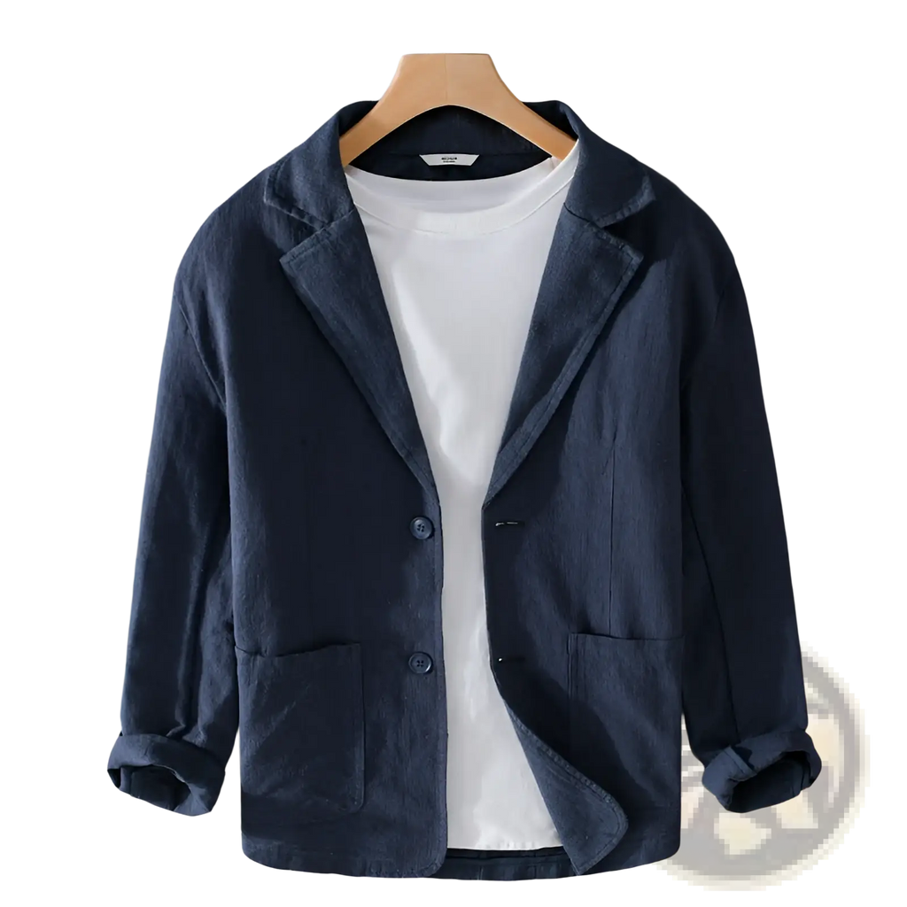 Men striped dark blue linen casual blazer with rolled-up sleeves and two front pockets for a stylish look