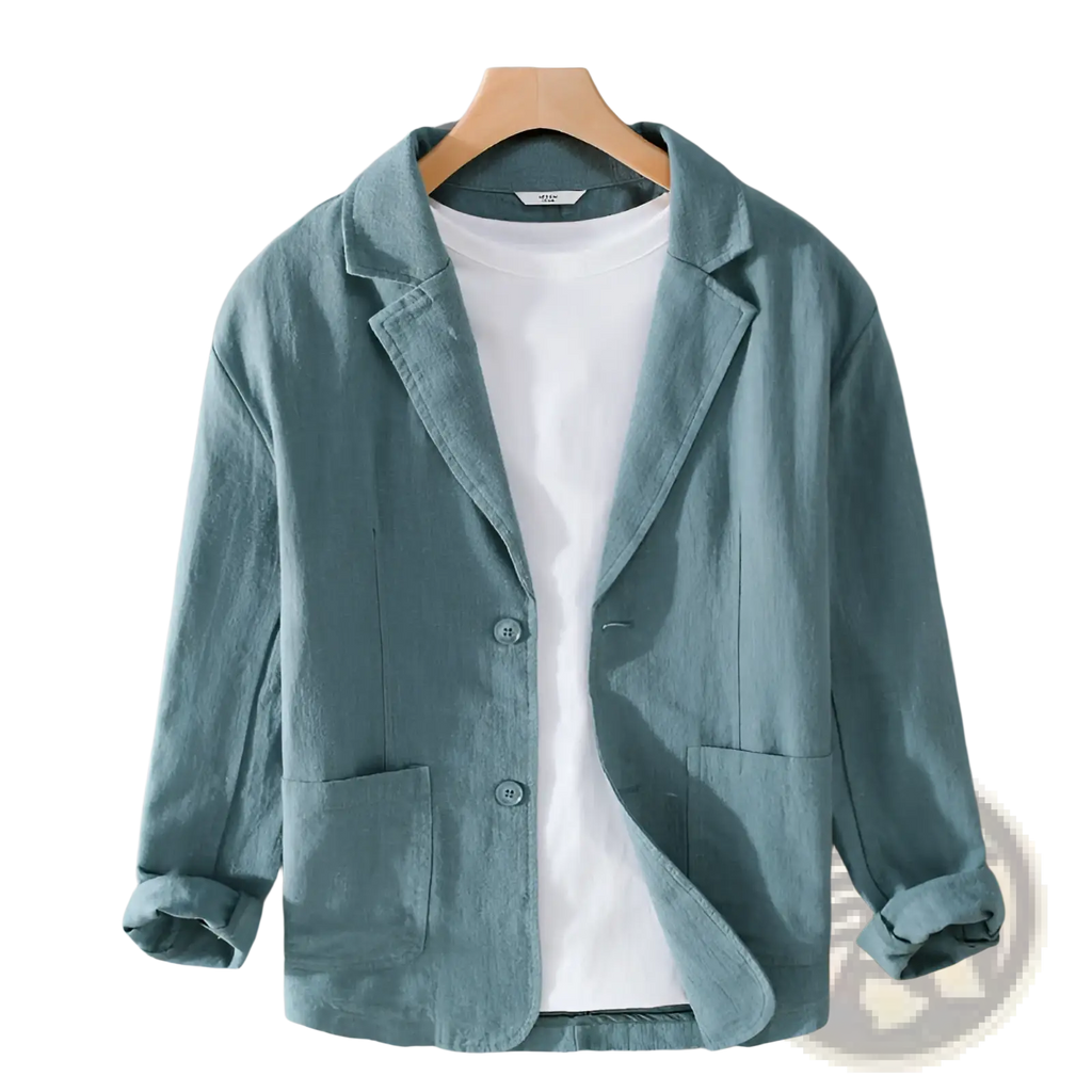 Men striped linen casual blazer in teal with relaxed fit, two front buttons, and patch pockets