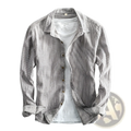 Men striped linen long sleeve shirt in light gray and white vertical stripes worn over a plain white t shirt