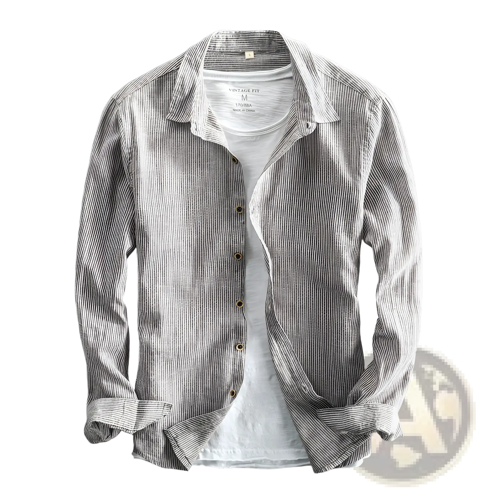 Men striped linen long sleeve shirt in light gray and white vertical stripes worn over a plain white t shirt