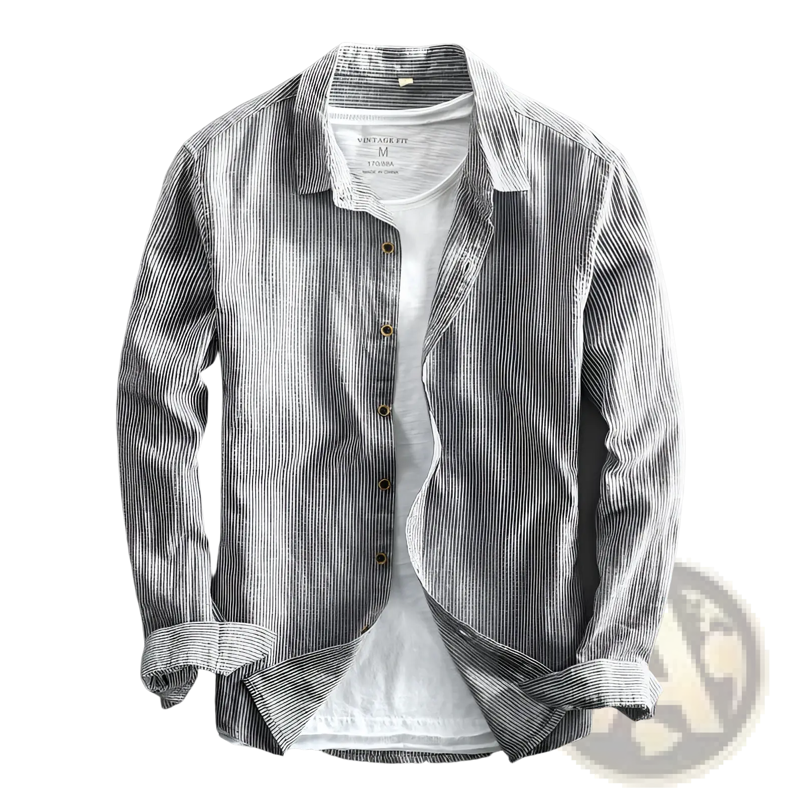 Men striped linen long sleeve shirt in gray and white vertical stripes with gold buttons and rolled-up sleeves