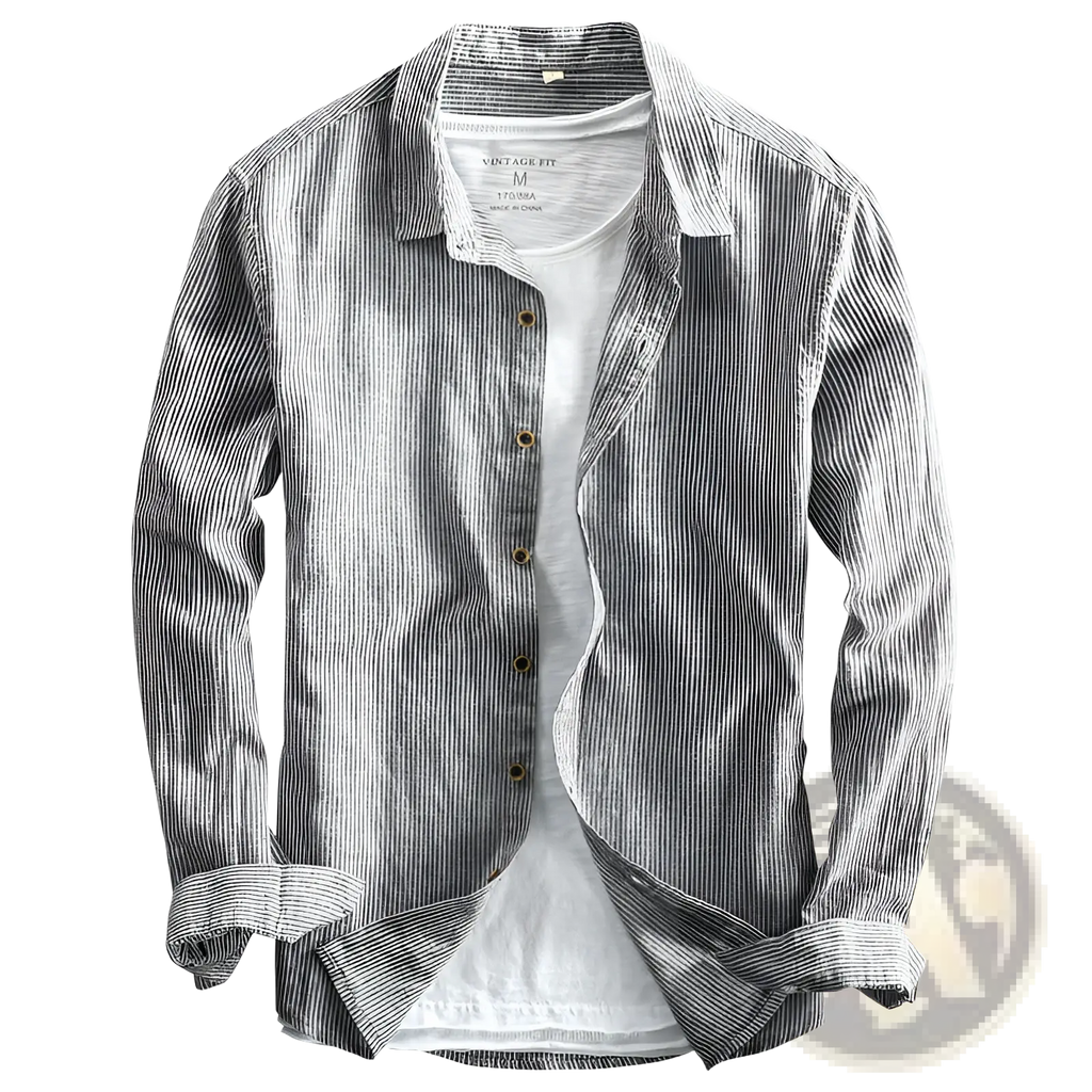 Men striped linen long sleeve shirt in gray and white vertical stripes with a relaxed fit and lightweight fabric