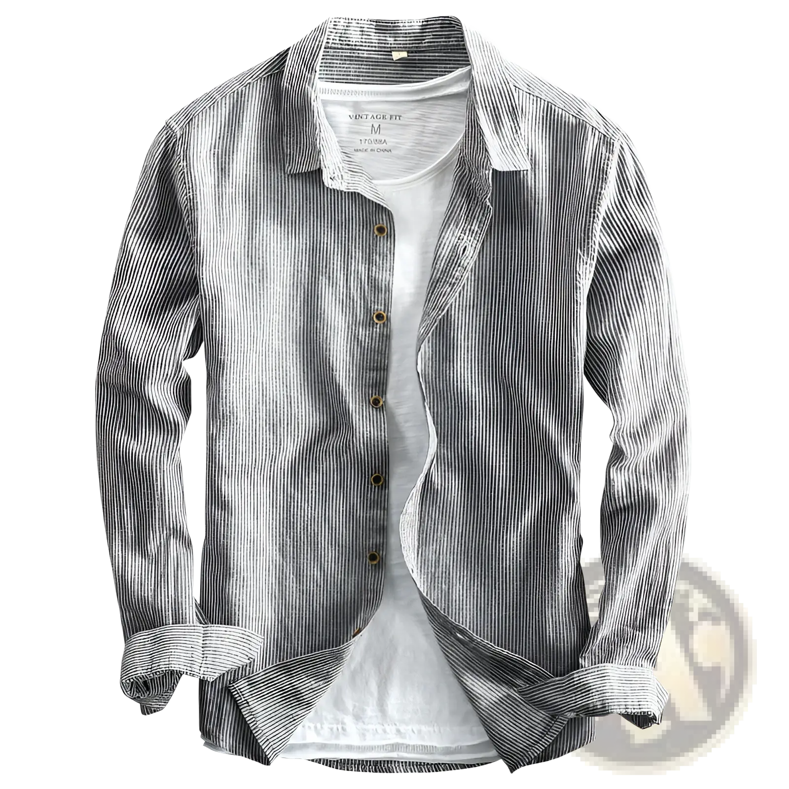 Men striped linen long sleeve shirt in gray and white vertical stripes with a relaxed fit and lightweight fabric