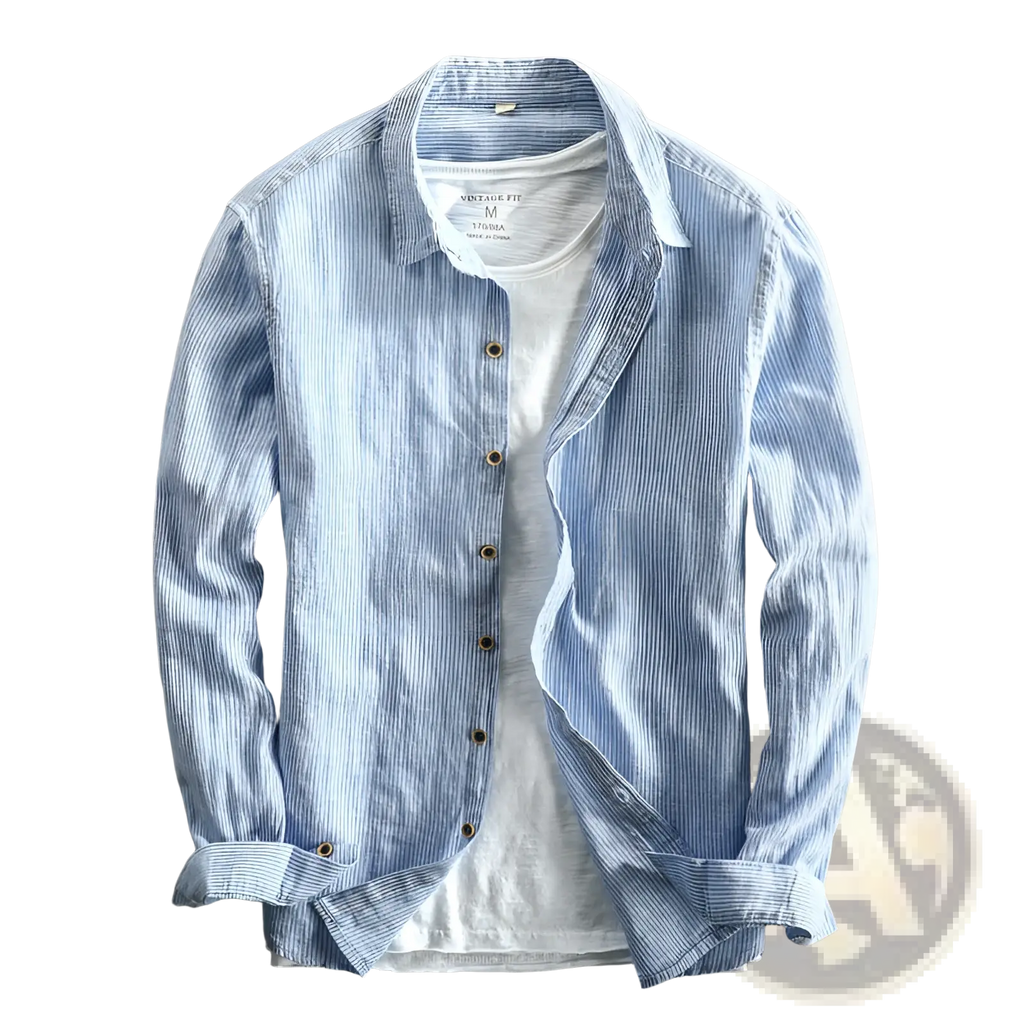 Men striped linen long sleeve shirt in light blue and white vertical stripes with a collar and gold-toned buttons