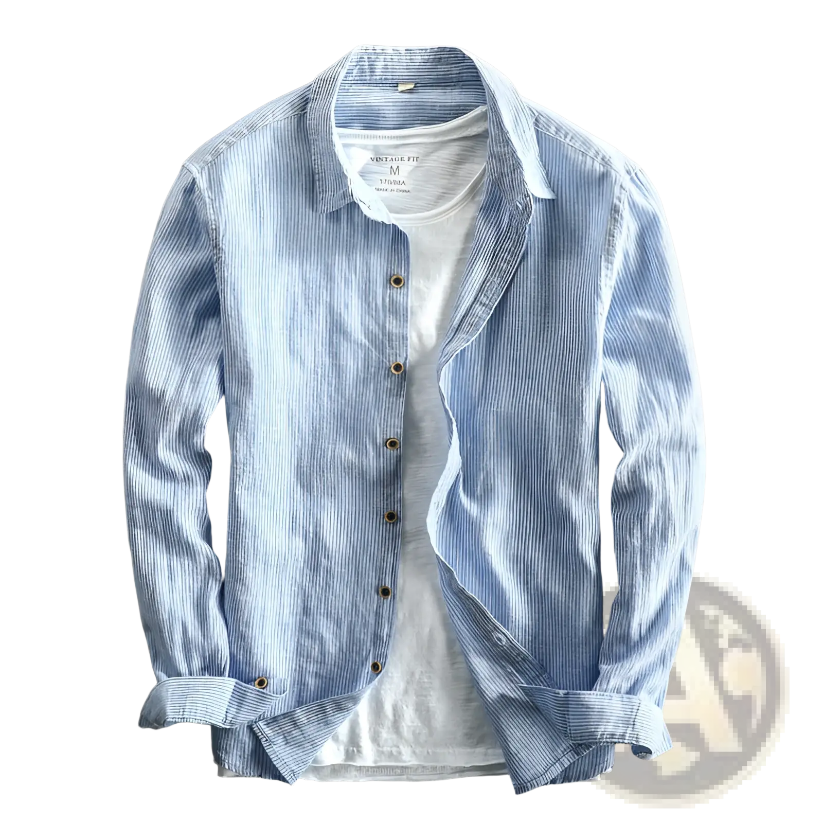 Men striped linen long sleeve shirt in light blue and white vertical stripes with a collar and gold-toned buttons