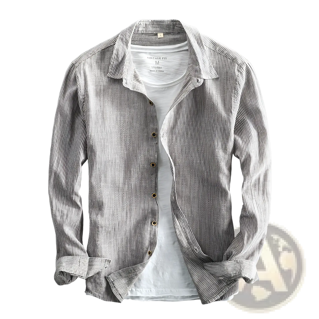 Men striped linen long sleeve shirt in light gray and white vertical stripes worn over a plain white t shirt