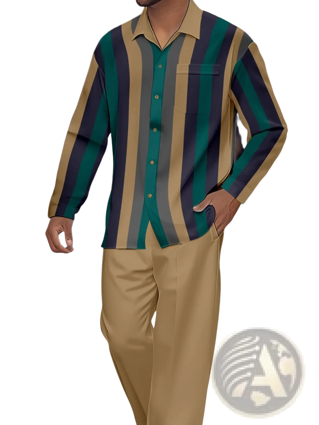 A man wearing a men striped long sleeve button up shirt with teal navy blue and beige vertical stripes