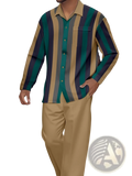 A man wearing a men striped long sleeve button up shirt with teal navy blue and beige vertical stripes