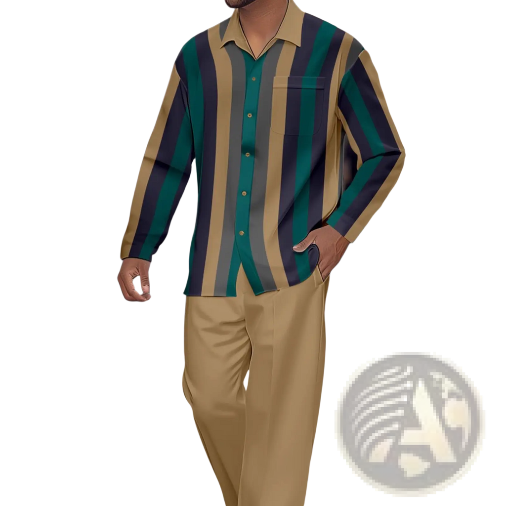 A man wearing a men striped long sleeve button up shirt with vertical teal dark navy and beige stripes