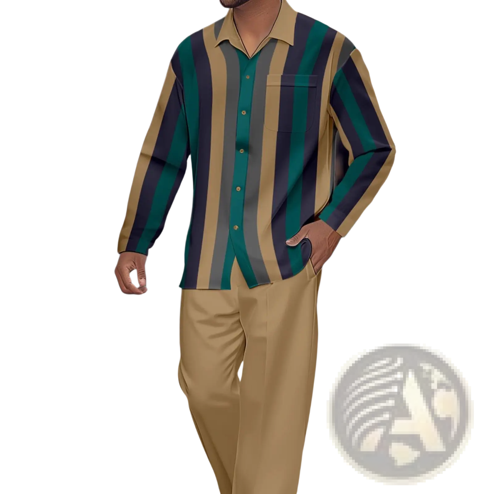 A man wearing a men striped long sleeve button up shirt with vertical teal dark navy and beige stripes