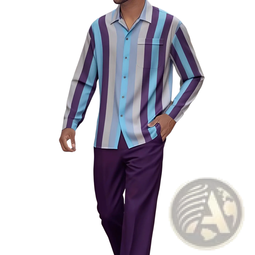 A man wearing a men striped long sleeve button up shirt with light blue purple and white vertical stripes