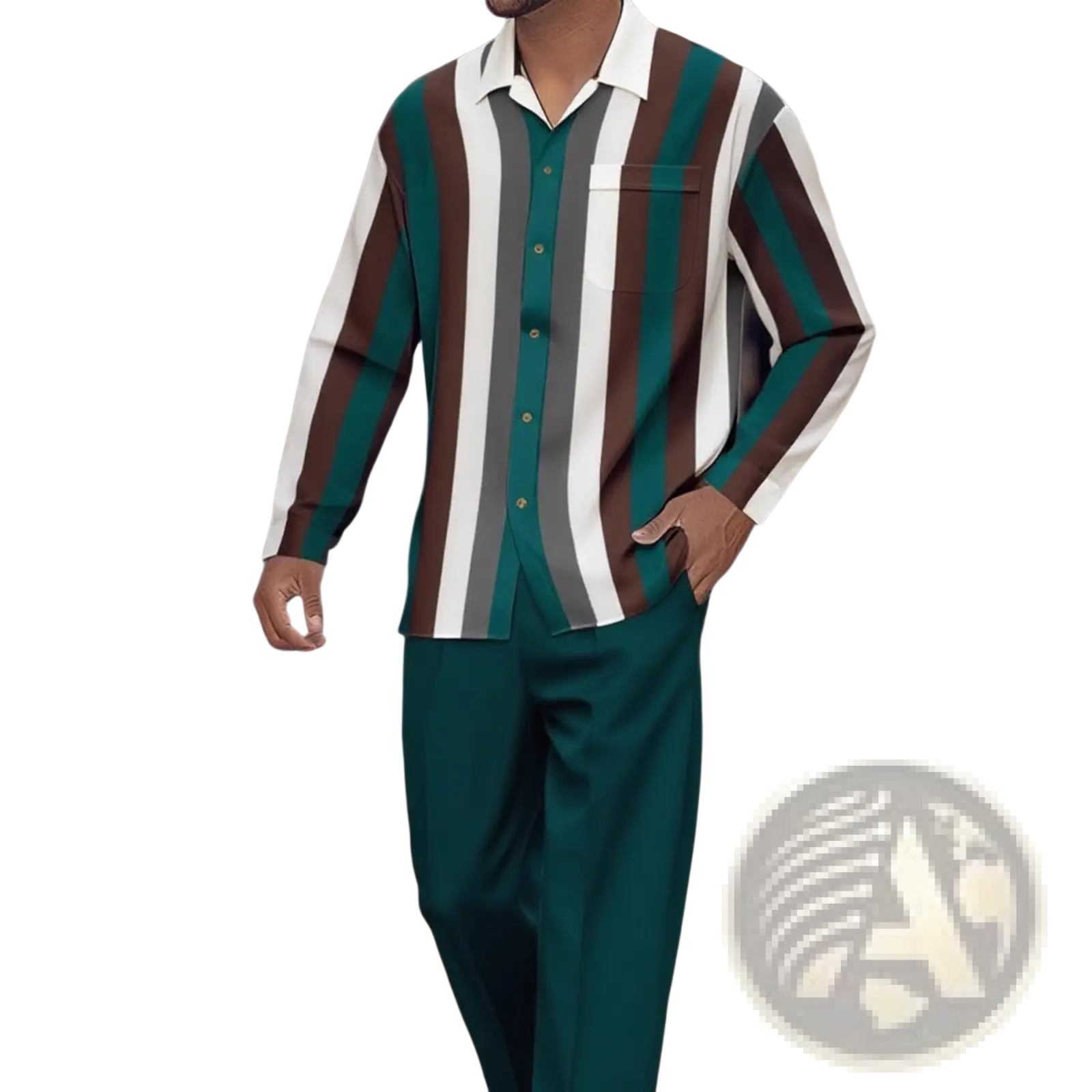 A man wearing a men striped long sleeve button up shirt with green brown and white vertical stripes