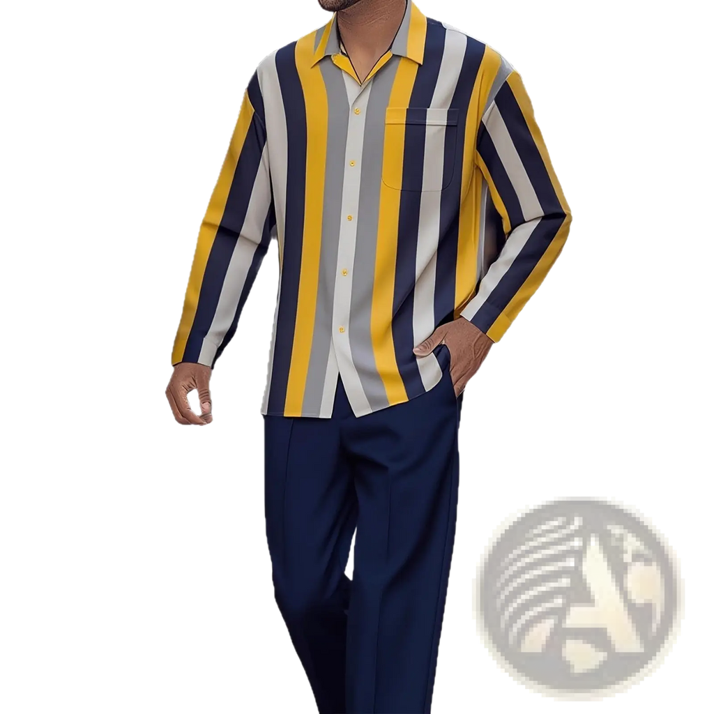 Men striped long sleeve button up shirt with bold vertical stripes in yellow navy blue and gray for casual wear