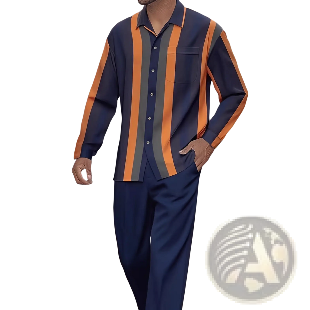 Men striped long sleeve button up shirt in navy blue and orange with chest pocket suitable for casual wear